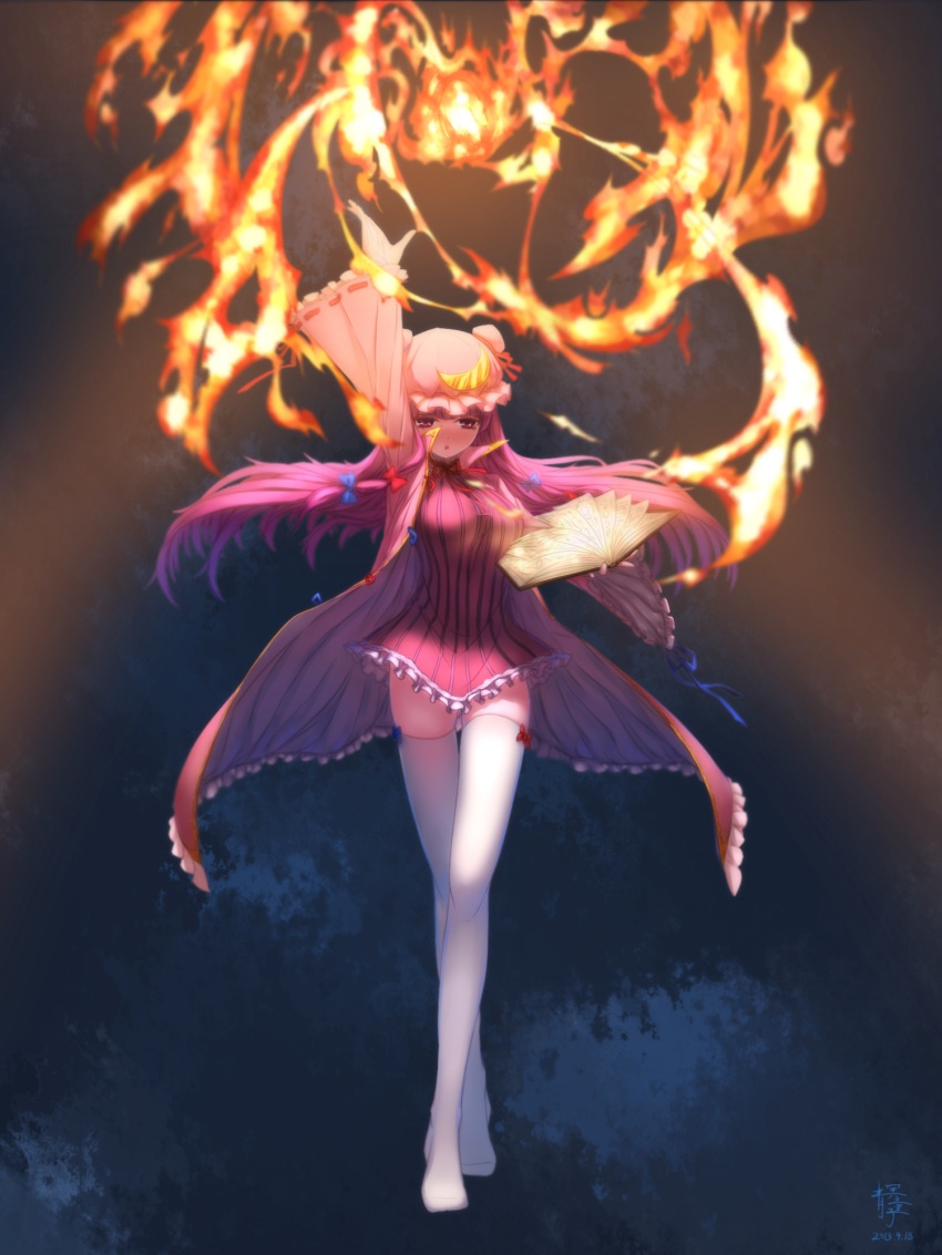 1girl, arm_up, book, bow, crescent, fire, hair_bow, hat