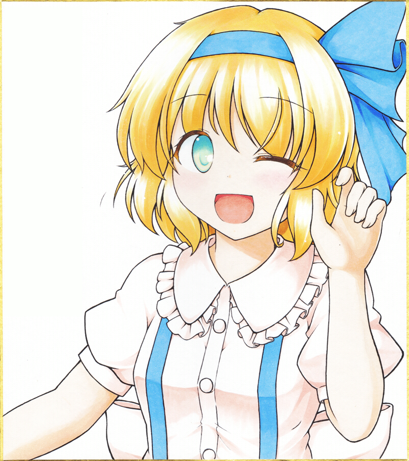 1girl, :d, aka_tawashi, alice_margatroid, alice_margatroid_(pc-98), aqua_eyes, blonde_hair, bust, dress_shirt, frills, graphite_(medium), hairband, marker_(medium), millipen_(medium), open_mouth, puffy_short_sleeves, puffy_sleeves, shirt, short_hair, short_sleeves, smile, solo, suspenders, touhou, touhou_(pc-98), traditional_media, wink
