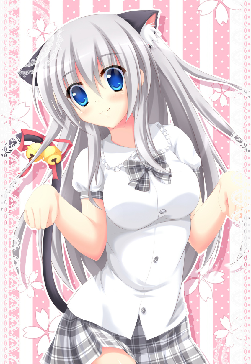 1girl, :3, absurdres, angel_koman, animal_ears, bell, blue_eyes, breasts