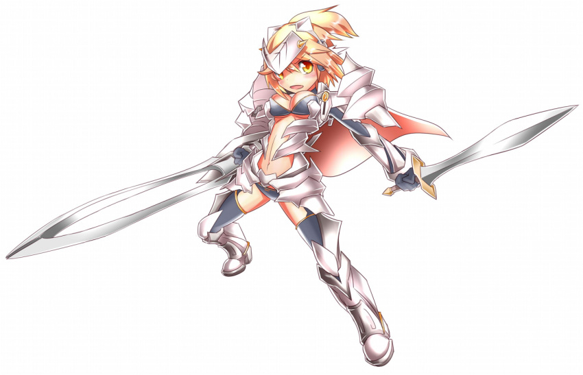 amber_eyes, armor, blonde_hair, breasts, cape, romikawa, simple_background, sword