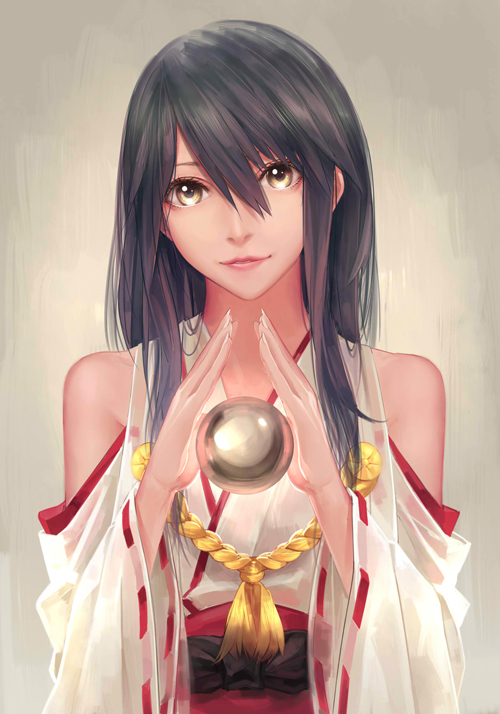 1girl, bare_shoulders, black_hair, blush, breasts, brown_eyes, detached_sleeves, gamma_(geoffrey)
