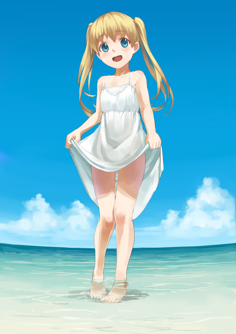 1girl, :d, bare_shoulders, barefoot, beach, blonde_hair, blue_eyes, blush