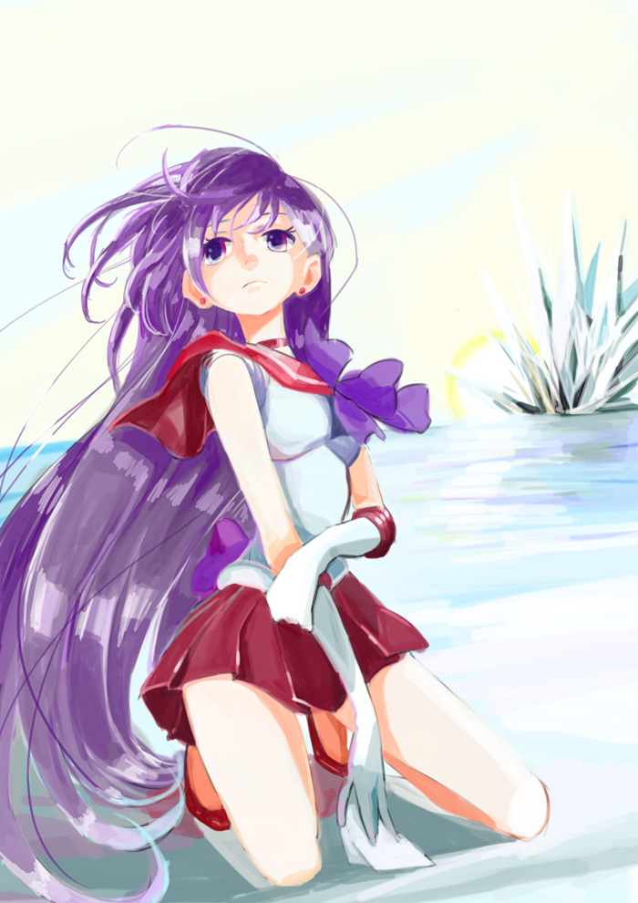 1girl, bishoujo_senshi_sailor_moon, elbow_gloves, full_body, gloves, hino_rei, ice, kneeling, long_hair, looking_away, ofuda, pleated_skirt, purple_hair, raion., red_skirt, sailor_mars, skirt, very_long_hair, violet_eyes