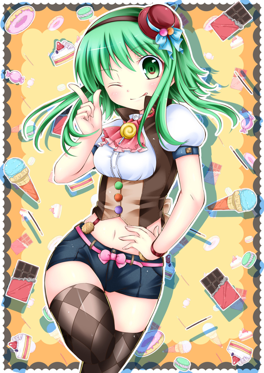 1girl, breasts, candy, chocolate, food, green_eyes, green_hair, gumi, hand_on_hip, highres, ice_cream, ice_cream_cake, inumine_aya, midriff, pocky, short_shorts, shorts, solo, thighhighs, tongue, tongue_out, vocaloid, wink