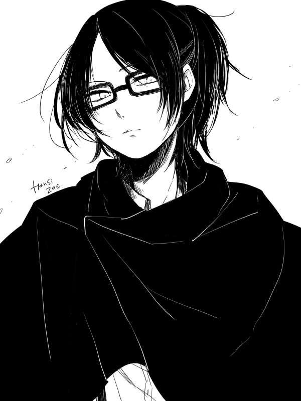 1girl, black_hair, cape, glasses, hange_zoe, imoimo, long_hair, looking_at_viewer