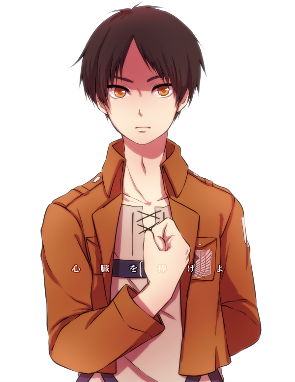 1boy, brown_eyes, brown_hair, eren_jaeger, imoimo, jacket, orange_eyes, salute