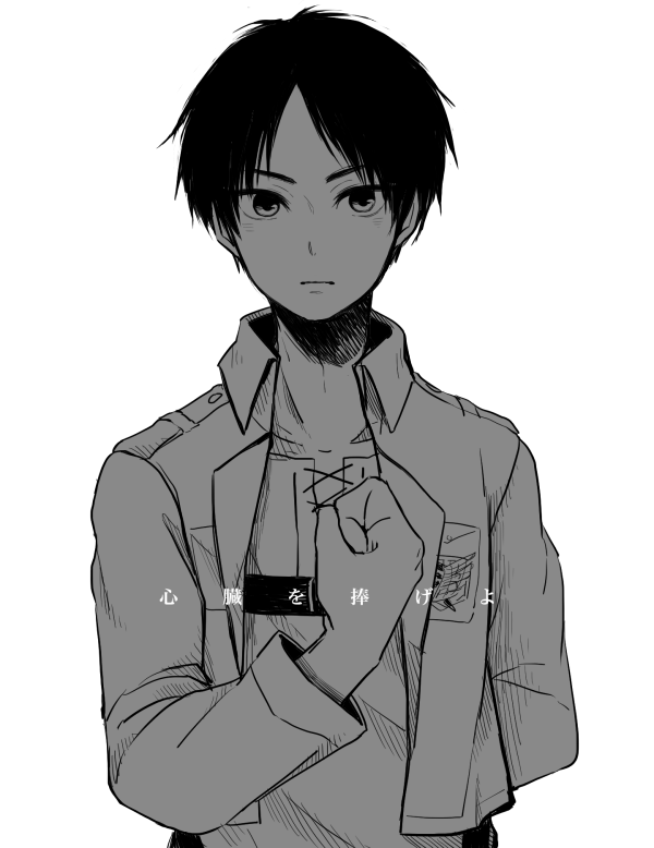1boy, black_hair, eren_jaeger, imoimo, jacket, looking_at_viewer, monochrome, salute