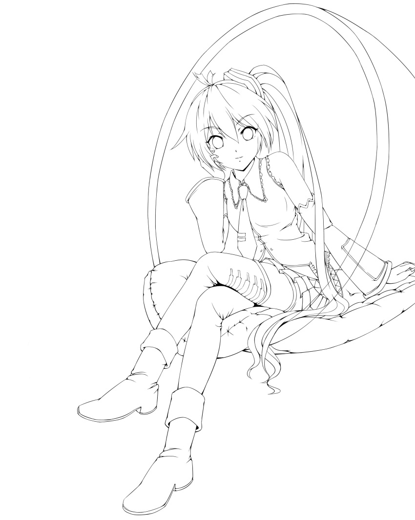 1girl, absurdres, akita_neru, detached_sleeves, highres, lineart, long_hair, looking_at_viewer