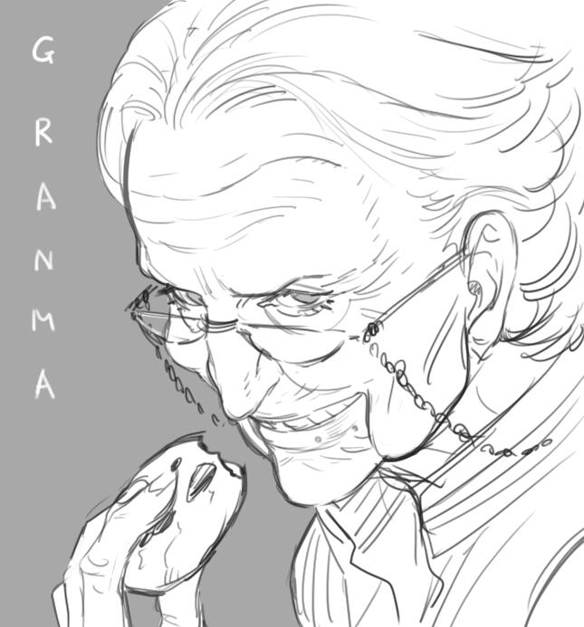 1girl, commentary, cookie, cookie_clicker, food, glasses, grandma_(cookie_clicker), grandmother