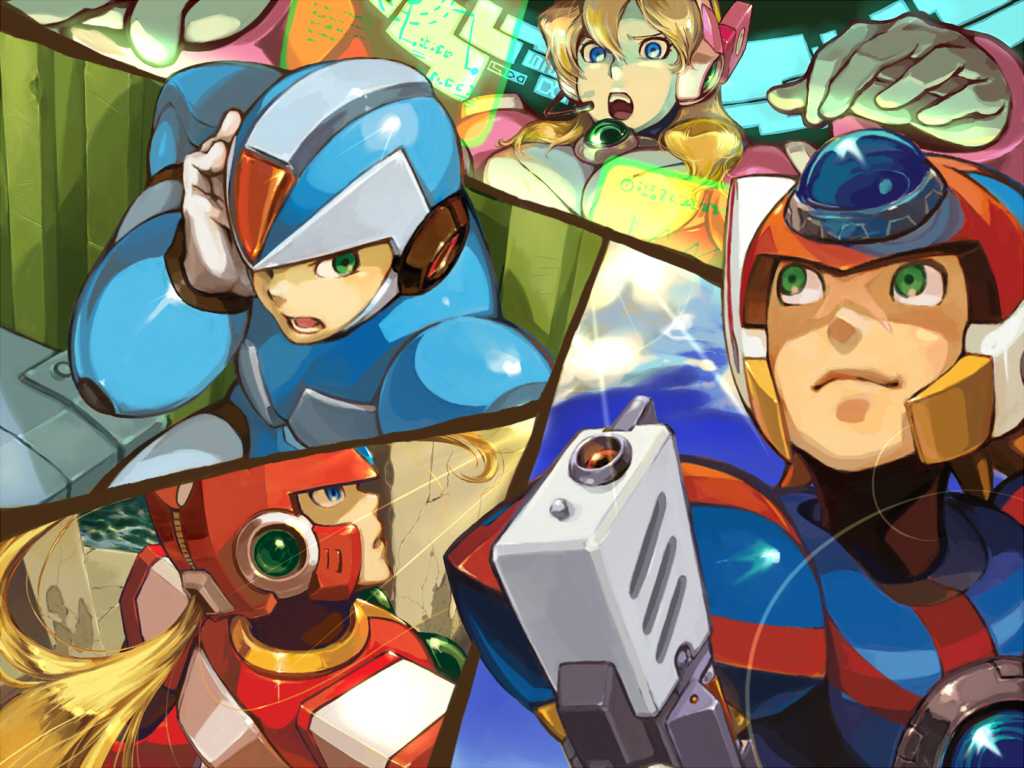1girl, 3boys, alia_(rockman), axl, axl_(mega_man), blonde_hair, blue_eyes, ckotnha