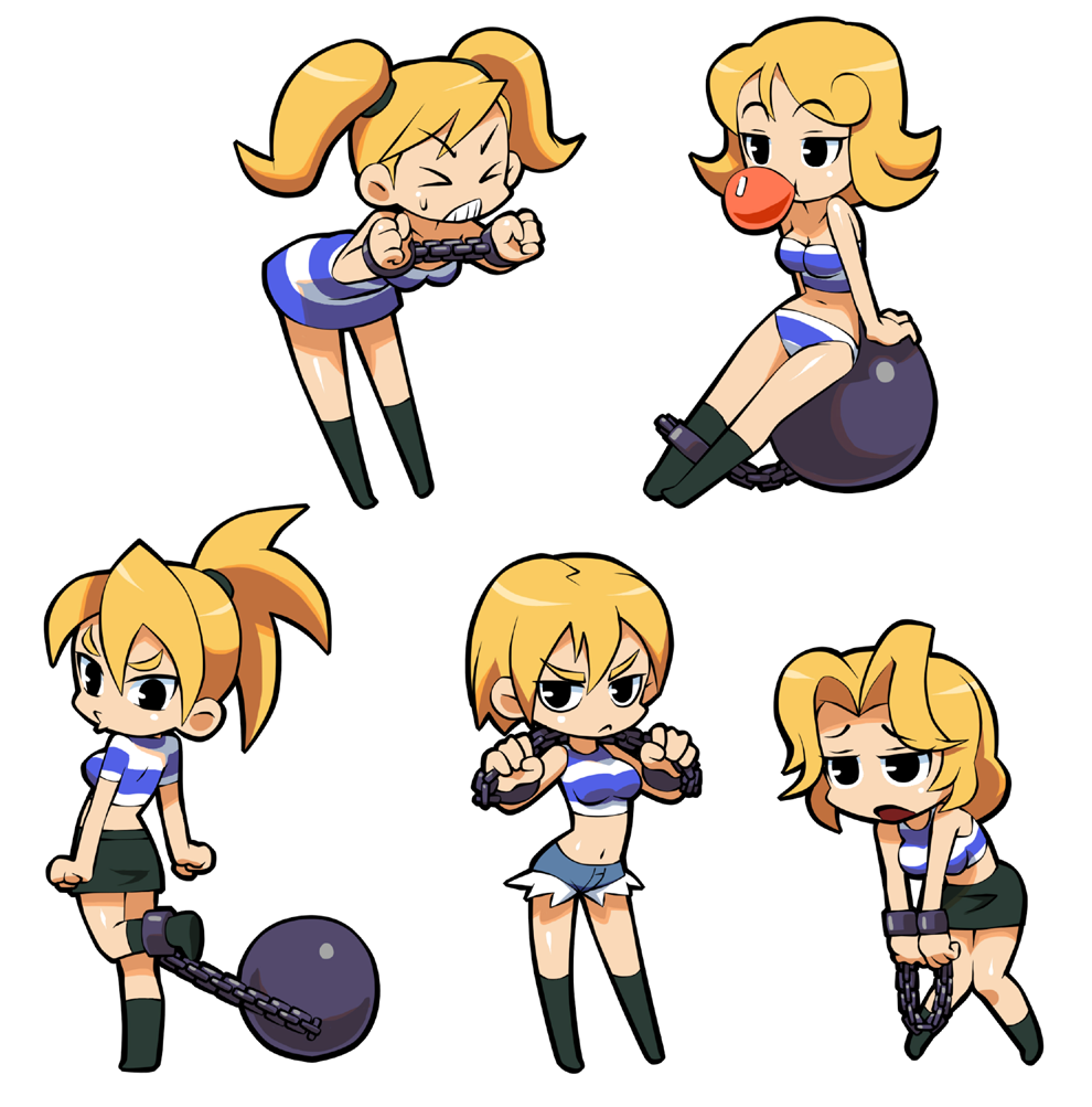 >:<, >_<, 5girls, :<, arm_support, ball_and_chain, blonde_hair, bubblegum, chain, clenched_hands, clenched_teeth, cutoff_jeans, cutoffs, gum_bubble, hooligan_sisters, kou_(makoto_yabe), midriff, mighty_switch_force!, miniskirt, multiple_girls, open_mouth, ponytail, shackle, short_hair, short_shorts, short_twintails, shorts, siblings, sisters, sitting, skirt, striped_clothing, tagme, twintails