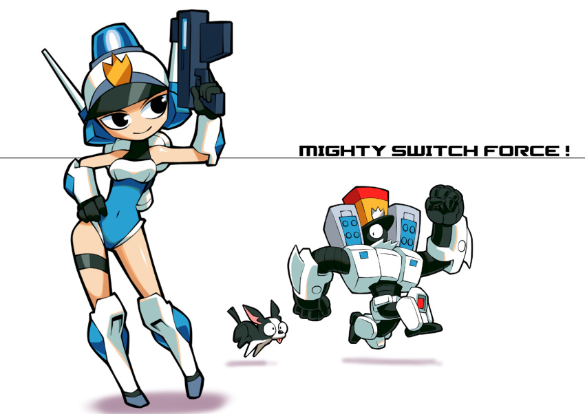 1girl, character_request, copyright_name, cyclops, dog, gloves, gun, hand_on_hip, helmet, kou_(makoto_yabe), looking_back, looking_down, mighty_switch_force!, navel, one-eyed, patricia_wagon, pigeon-toed, police, robot, running, smile, standing, tagme, weapon, white_background