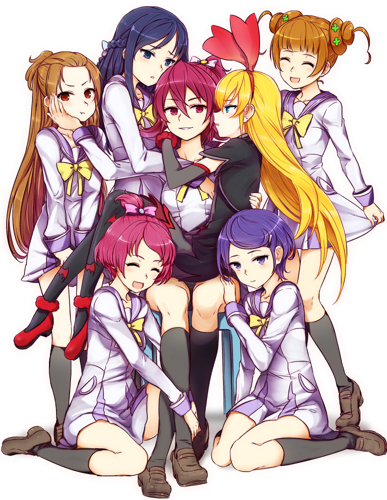 6+girls, aida_mana, blonde_hair, blue_eyes, blue_hair, blush, brown_eyes, brown_hair, closed_eyes, dokidoki!_precure, double_bun, hair_ornament, half_updo, hand_on_another's_cheek, hand_on_another's_face, harem, hishikawa_rikka, hug, kenzaki_makoto, leg_hug, long_hair, madoka_aguri, minatsuki_randoseru, multiple_girls, open_mouth, pantyhose, pimp, pink_eyes, pink_hair, ponytail, precure, purple_hair, regina_(dokidoki!_precure), revision, sharuru_(dokidoki!_precure), short_hair, sitting, sitting_on_lap, sitting_on_person, smile, violet_eyes, yotsuba_alice, yuri