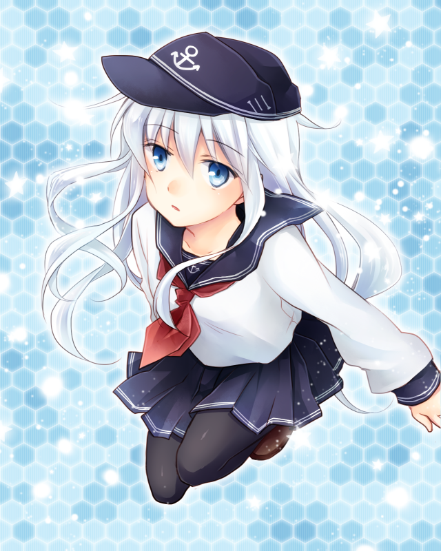 1girl, black_legwear, blue_eyes, hat, hibiki_(kantai_collection), honeycomb_background, kantai_collection, long_hair