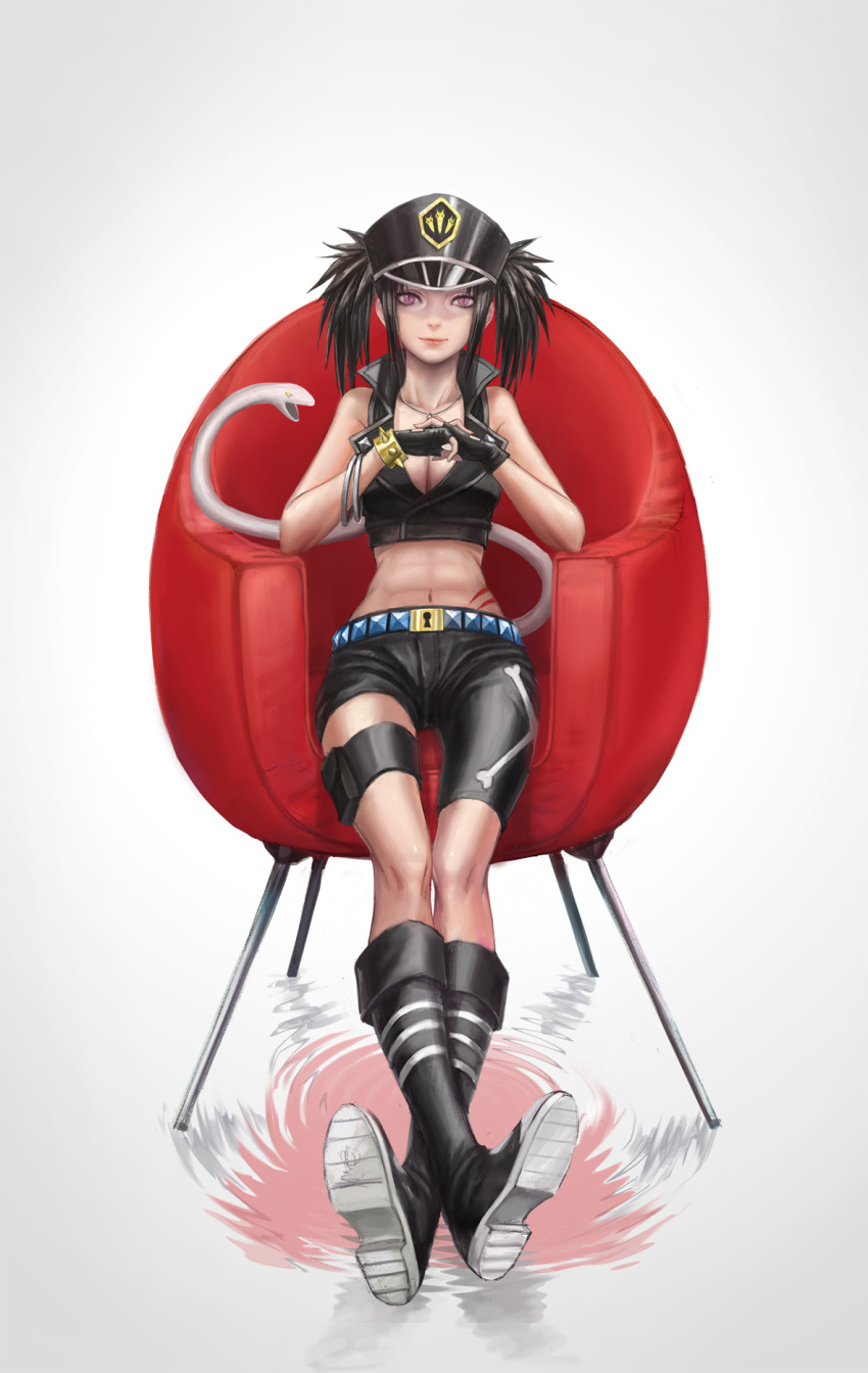 1girl, armchair, bangle, beros, black_gloves, black_hair, blood_lad, boots