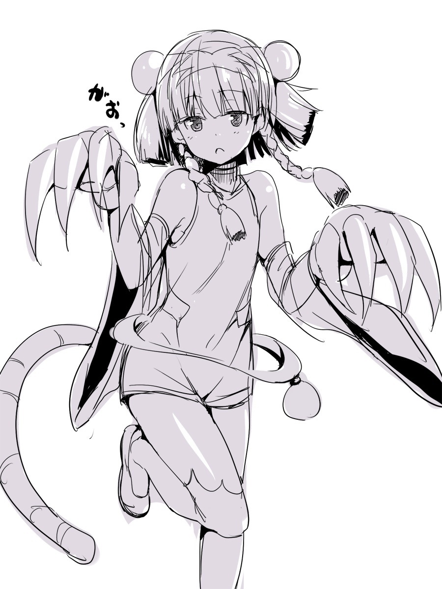 1girl, braid, byakko_(p&amp;d), china_dress, chinese_clothes, claws, double_bun, highres