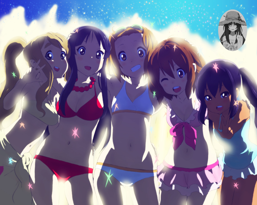 akiyama_mio, arm_around_neck, bikini, black_eyes, black_hair, blonde_hair, bloom, blue_eyes