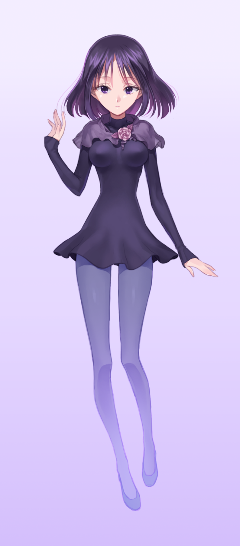 1girl, bishoujo_senshi_sailor_moon, breasts, essence_(swtmiss), flower, gradient, gradient_background, highres, pantyhose, pink_rose, purple_background, purple_hair, purple_legwear, rose, shawl, shoes, short_hair, skirt, solo, tomoe_hotaru, violet_eyes, white_background