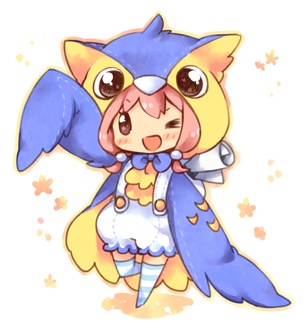 1girl, bird_costume, blush_stickers, brown_hair, ech, looking_at_viewer, open_mouth, original