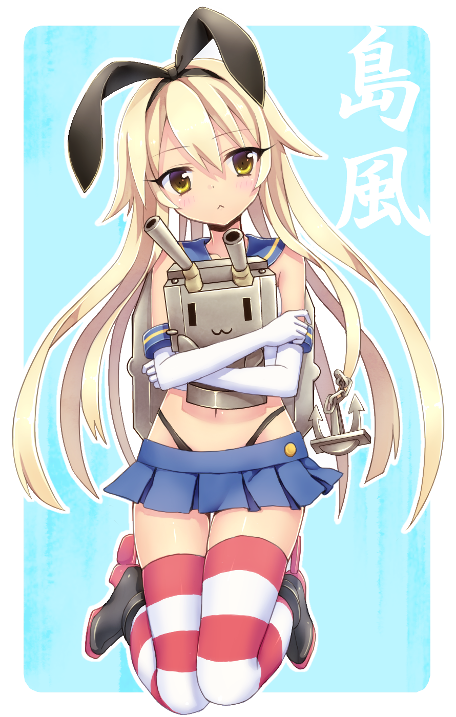 1girl, anchor, black_panties, blonde_hair, character_name, elbow_gloves, gloves, hair_ornament