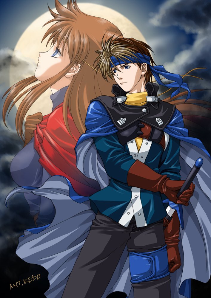 1boy, 1girl, bandana, blue_bandana, blue_cape, blue_eyes, blue_headband, brown_hair