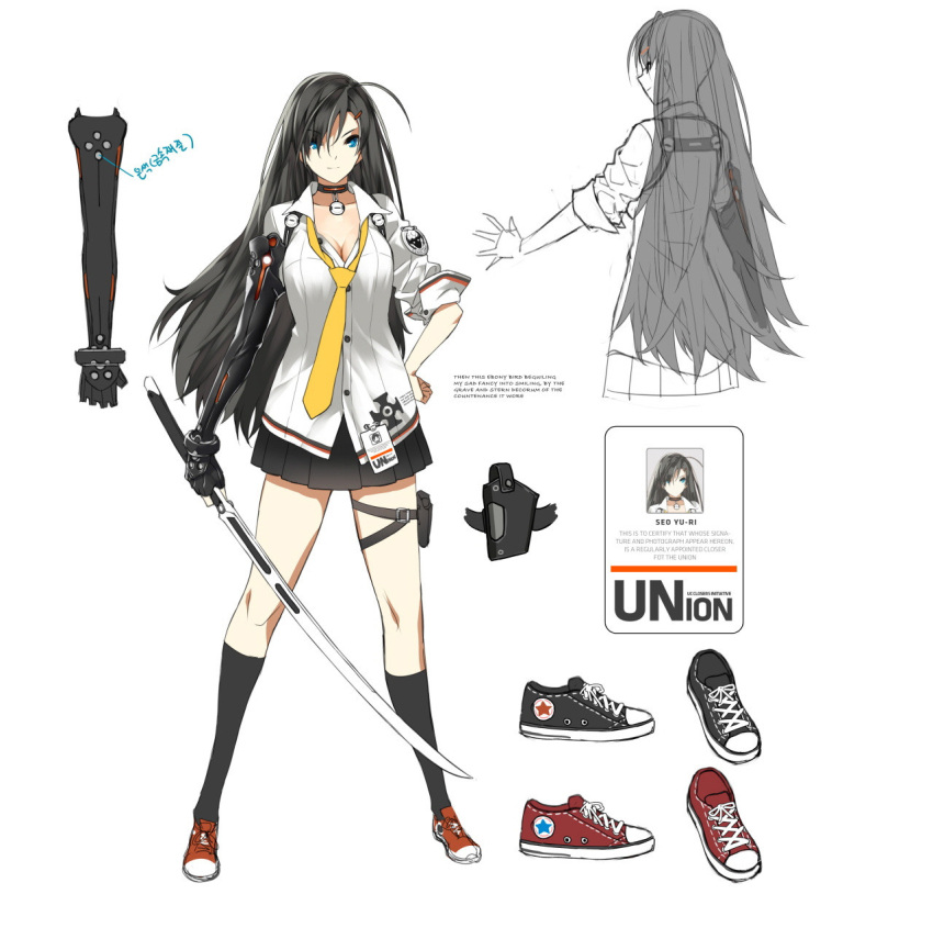 1girl, black_hair, black_legwear, blue_eyes, breasts, character_name, character_sheet, cleavage