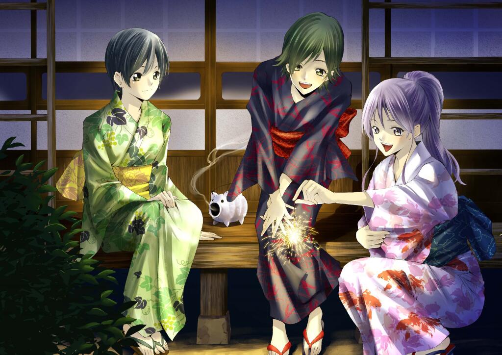 black_hair, blush, eba_yuzuki, fireworks, japanese_clothes, kanzaki_nanami, kimi_no_iru_machi, kimono