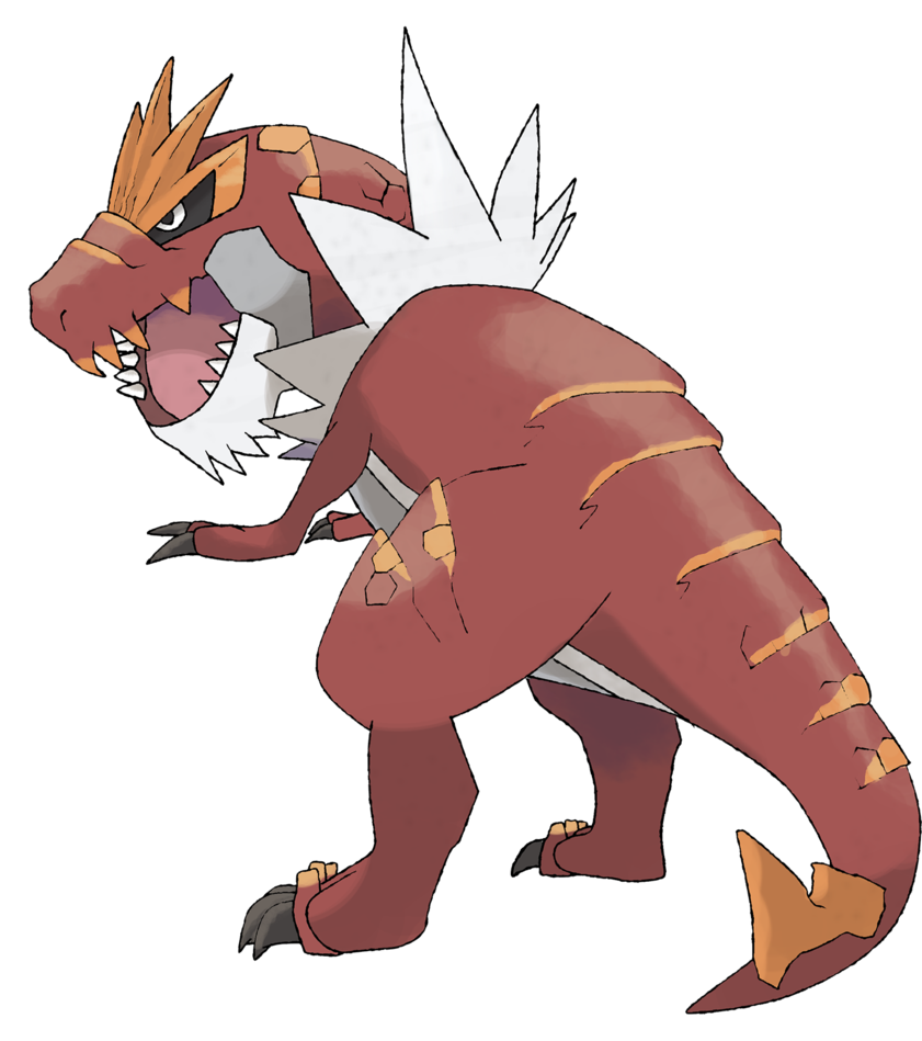 back, claws, dinosaur, fangs, no_humans, open_mouth, pokemon, pokemon_(creature), pokemon_(game), pokemon_xy, red_skin, simple_background, theangryaron, tyrannosaurus_rex, tyrantrum, white_background