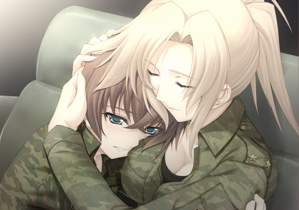 aqua_eyes, artist_request, blonde_hair, breast_pillow, camouflage, closed_eyes, fikatsia_latrova, game_cg, hug, military, military_uniform, muvluv, muvluv_alternative, muvluv_total_eclipse, natasha_ivanova, ponytail, uniform