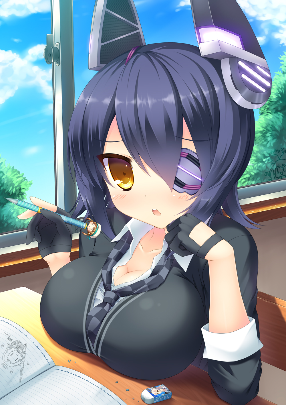 1girl, black_hair, blush, breasts, eraser, error_musume, eyepatch, fingerless_gloves, girl_holding_a_cat_(kantai_collection), gloves, headgear, highres, kantai_collection, large_breasts, mechanical_pencil, necktie, pencil, personification, school_uniform, shimakaze_(kantai_collection), short_hair, solo, taiki_ken, tatsuta_(kantai_collection), tenryuu_(kantai_collection), yellow_eyes