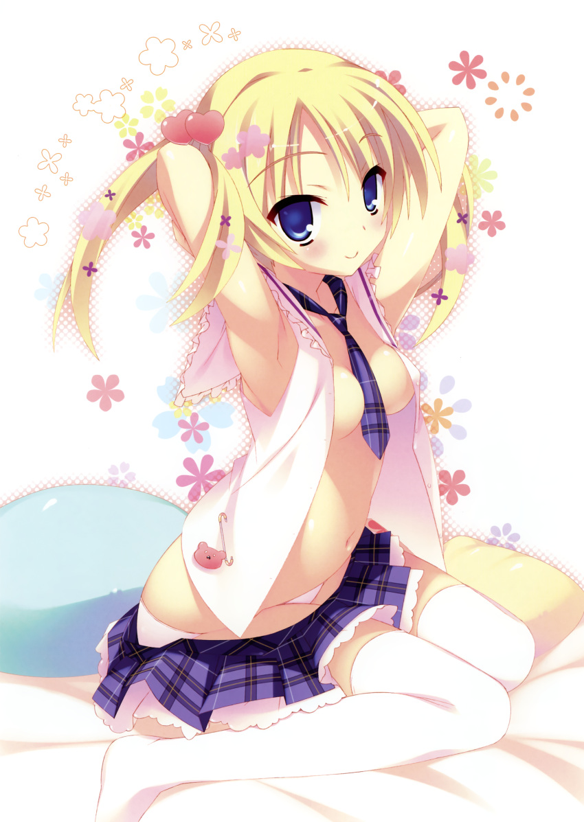 1girl, absurdres, armpits, arms_up, between_breasts, blonde_hair, blue_eyes, breasts