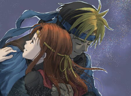 1boy, 1girl, black_hair, blonde_hair, blue_headband, brown_hair, closed_eyes, couple