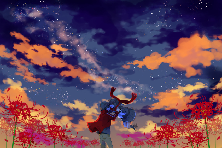 1boy, 1girl, ayano_(kagerou_project), closed_eyes, couple, edward-el, floating, hair_ornament