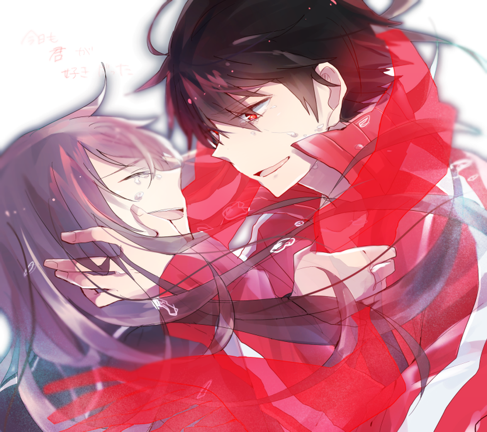 1boy, 1girl, ayano_(kagerou_project), closed_eyes, couple, hand_on_another's_face, hetero, kagerou_project