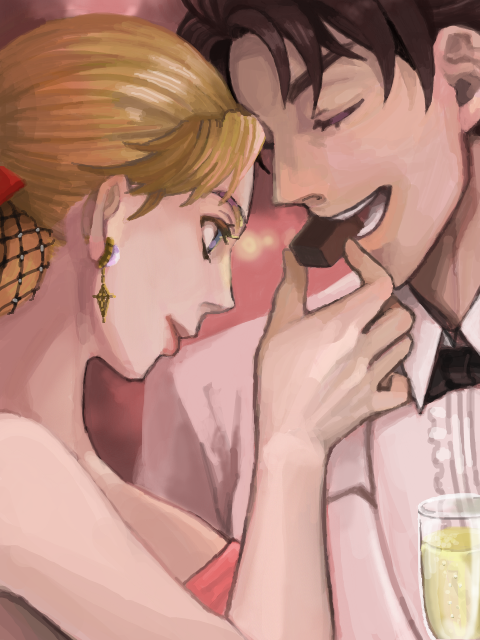 1boy, 1girl, blonde_hair, blue_eyes, chocolate, cousins, dress, erina_pendleton, feeding, formal, hair_bun, hetero, jojo_no_kimyou_na_bouken, jonathan_joestar, neoki, suit, tegaki