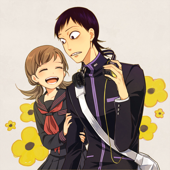 1boy, 1girl, black_hair, brown_hair, gakuran, happy, headphones, long_hair, midousuji_akira, nuno, school_uniform, serafuku, short_hair, smile, twintails, yowamushi_pedal, yuki-chan_(yowamushi_pedal)