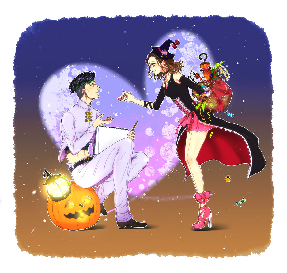 1boy, 1girl, basket, black_hair, brown_hair, candy, dress, earrings, hairband, halloween, hat, headband, high_heels, jack-o'-lantern, jewelry, jojo_no_kimyou_na_bouken, kishibe_rohan, lantern, pencil, pumpkin, rioka, short_hair, sketchbook, sugimoto_reimi, witch_hat