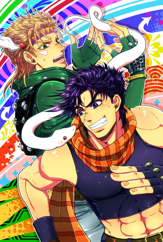 2boys, black_hair, blonde_hair, blue_eyes, caesar_anthonio_zeppeli, facial_mark, feathers, fingerless_gloves