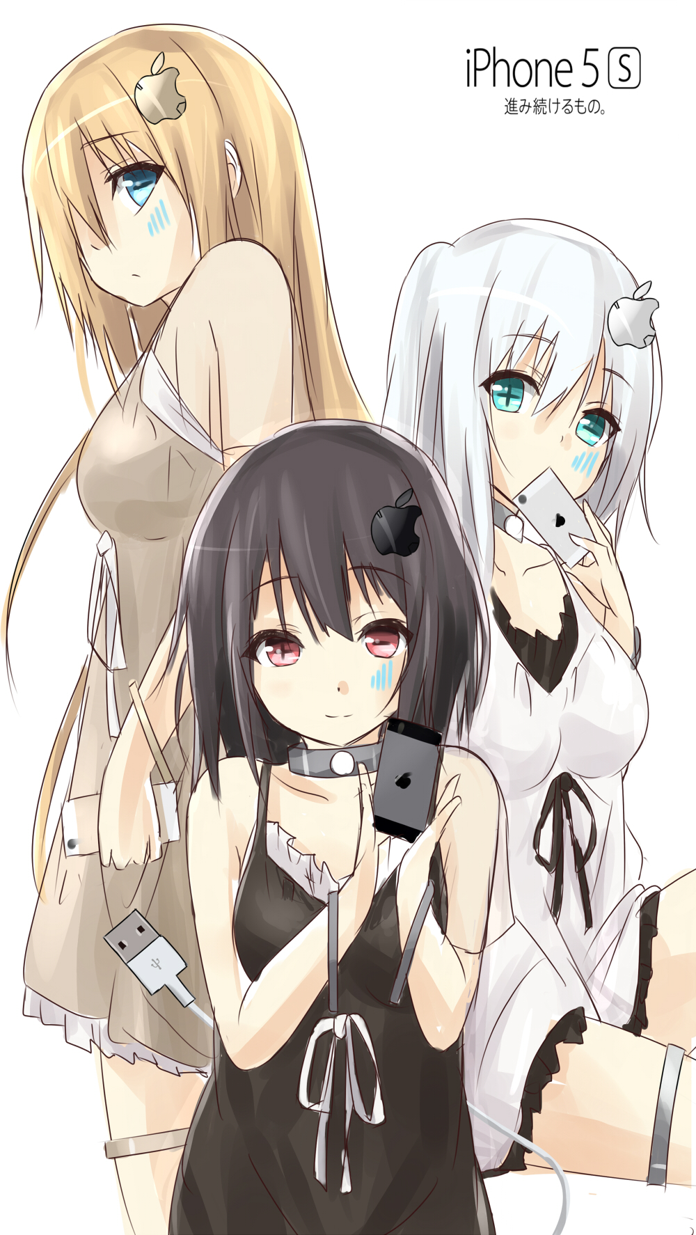 3girls, apple_inc., aqua_eyes, black_dress, black_hair, blonde_hair, blue_eyes, brown_dress
