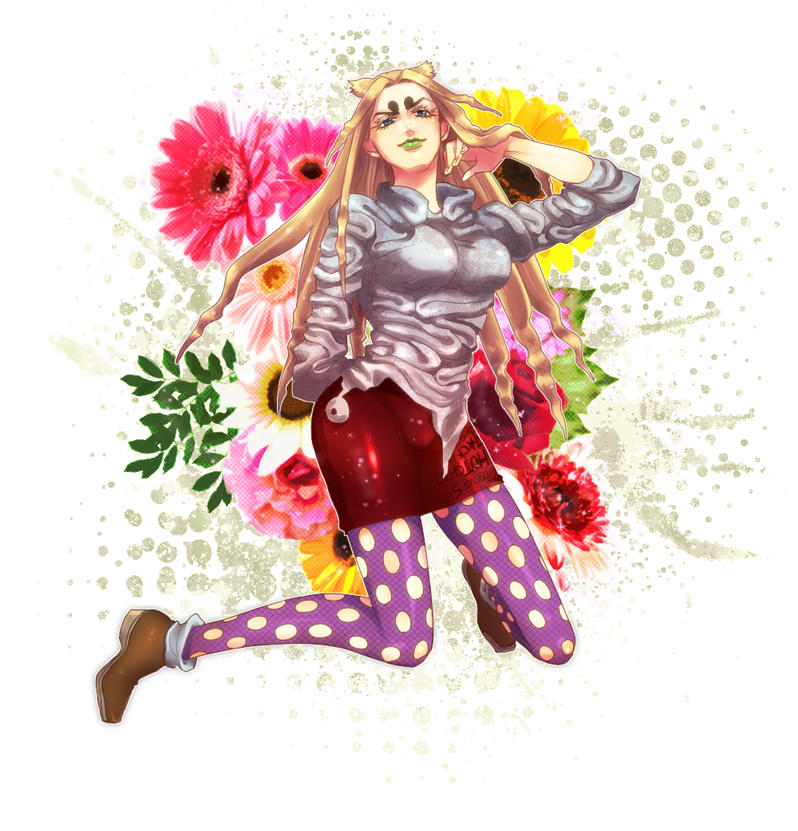 1girl, blonde_hair, blue_eyes, eyebrows, jojo_no_kimyou_na_bouken, long_hair, miu_miu, pantyhose