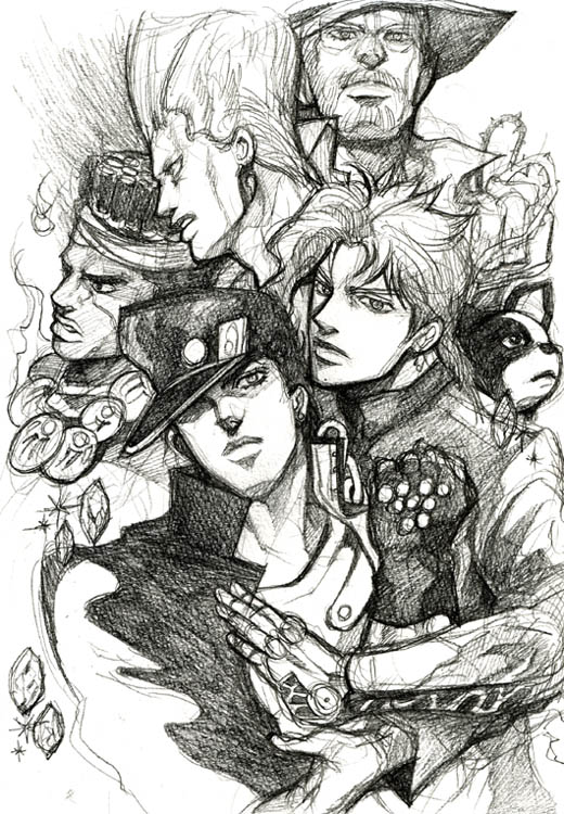 5boys, bud_(korovsme), dog, emerald, graphite_(medium), hat, hermit_purple, iggy_(jojo), jean_pierre_polnareff, jojo_no_kimyou_na_bouken, joseph_joestar, kakyouin_noriaki, kuujou_joutarou, mohammed_avdol, monochrome, multiple_boys, stand_(jojo), traditional_media