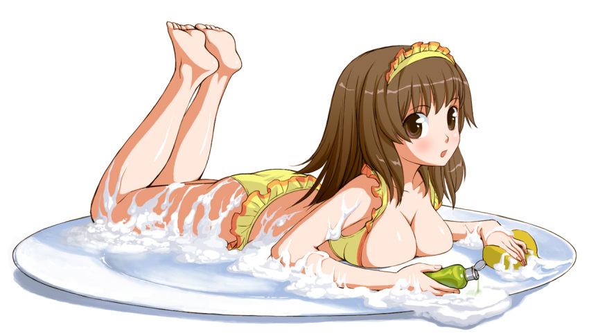 bikini, bottle, breasts, brown_eyes, brown_hair, cleavage, feet, frills, maid_headdress, minigirl, on_stomach, original, poripori_(pixiv), saucer, short_hair, solo, sponge, suds, swimsuit