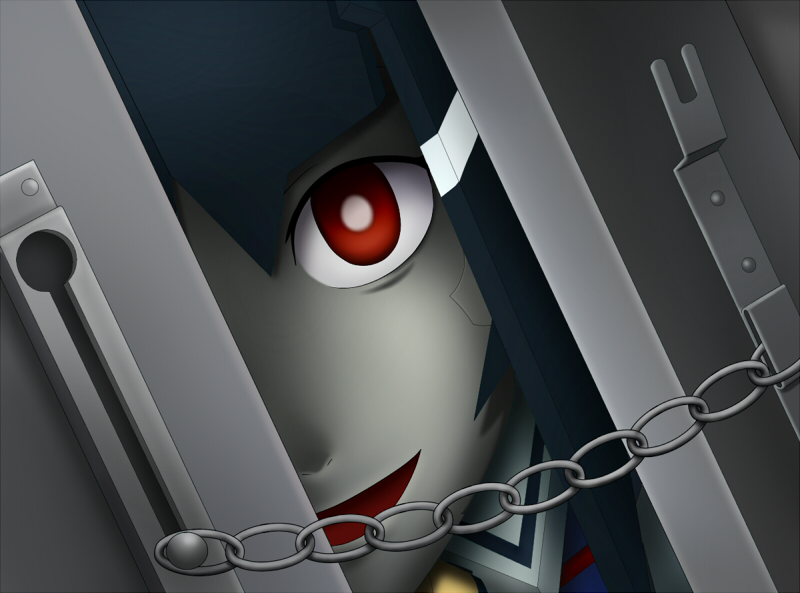 1girl, android, chain, door, kintore_love, lisa_(pso2), phantasy_star, phantasy_star_online_2, red_eyes, smile