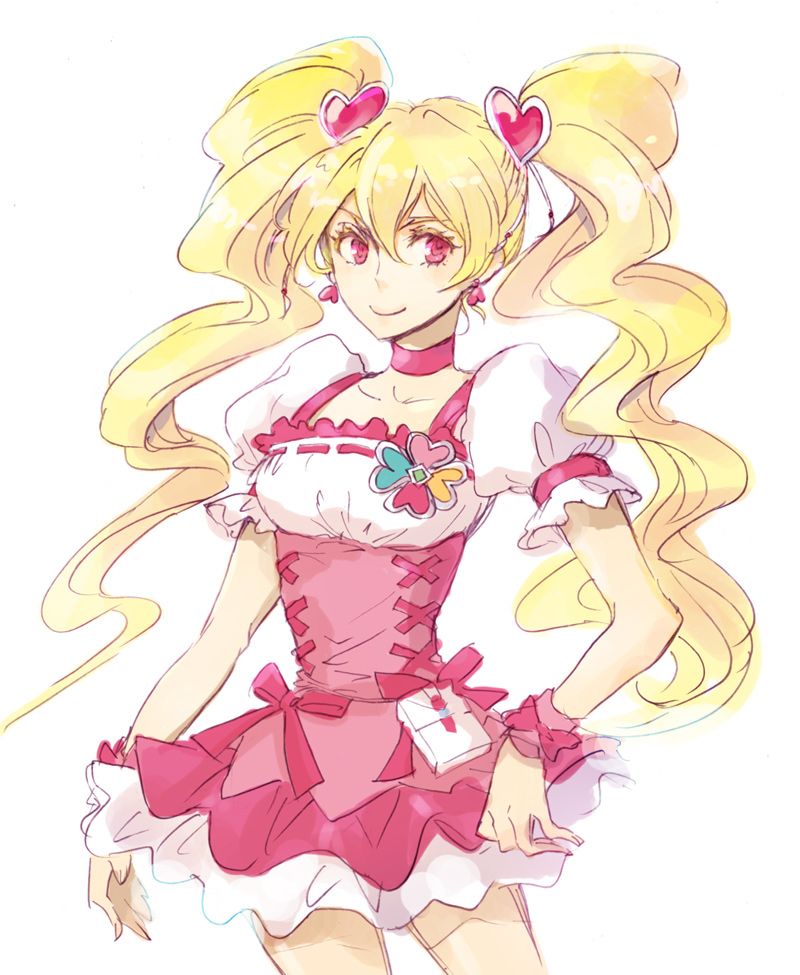 1girl, ayaco_cc, blonde_hair, bow, choker, corset, cure_peach, earrings