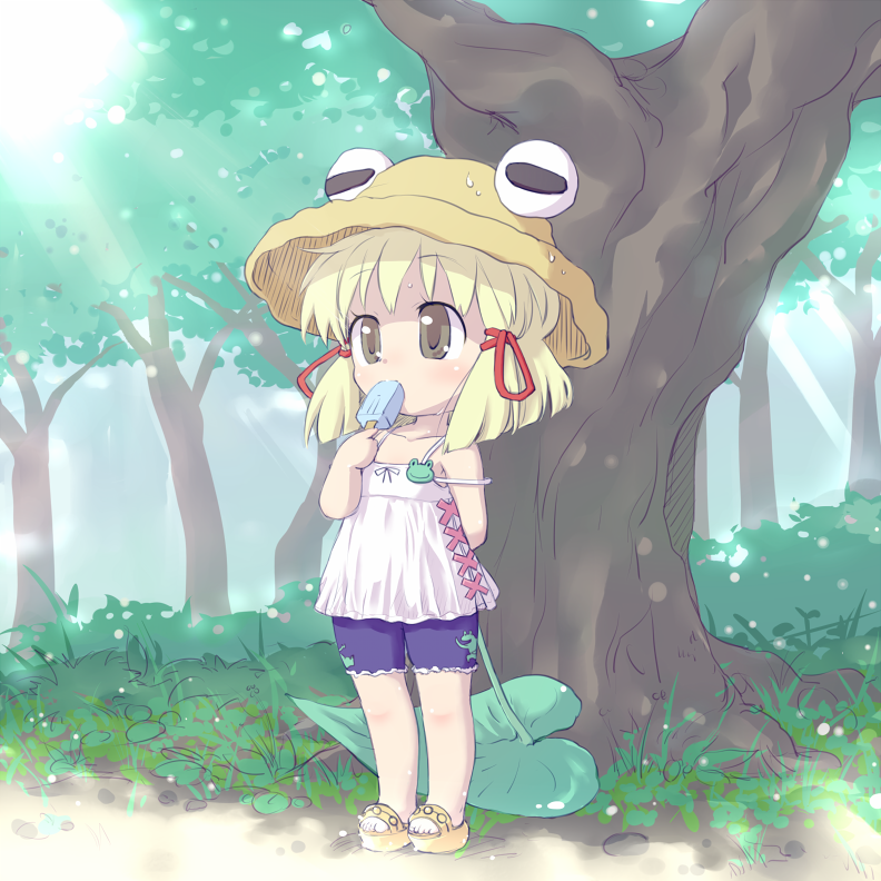 1girl, bare_arms, blonde_hair, chemise, child, frog_print, grey_eyes, hair_ribbon, hat, kiriu, leaf_umbrella, moriya_suwako, popsicle, ribbon, shirt, shorts, sleeveless, sleeveless_shirt, solo, sunlight, sweat, touhou, tree, young