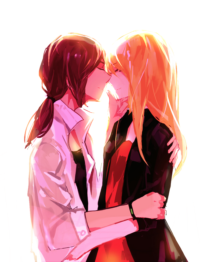 2girls, blonde_hair, brown_hair, casual, christa_renz, closed_eyes, couple, holding