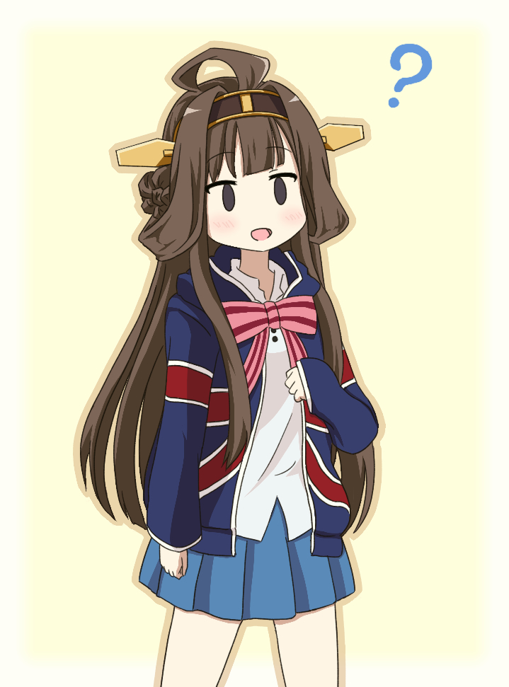 1girl, ?, ahoge, brown_hair, cosplay, double-master, flag_print, hairband