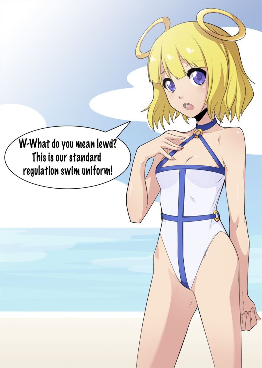 1girl, bare_shoulders, blonde_hair, choker, english, fearless_night, halo, halterneck