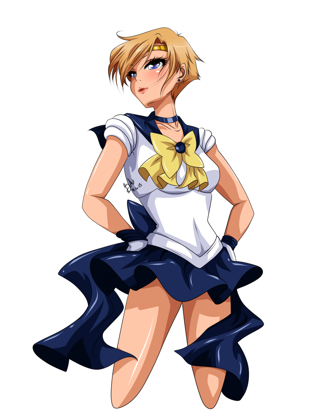 1girl, 2013, aryiane, bishoujo_senshi_sailor_moon, blodne_hair, blue_eyes, bow, choker, circlet, dated, earrings, gloves, hands_on_hips, highres, jewelry, lips, miniskirt, sailor_uranus, short_hair, signature, simple_background, skirt, solo, ten'ou_haruka, transparent_background