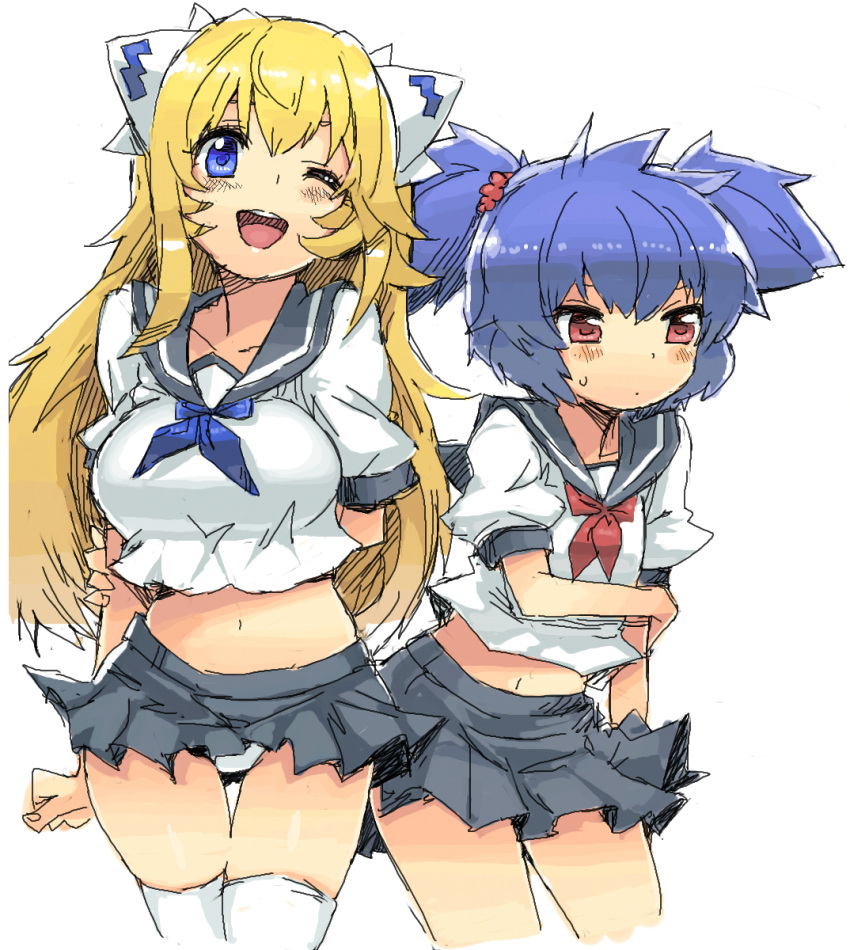 2girls, ;d, altines, altrene, angelo_(gomahangetsu), blonde_hair, blue_eyes, blue_hair